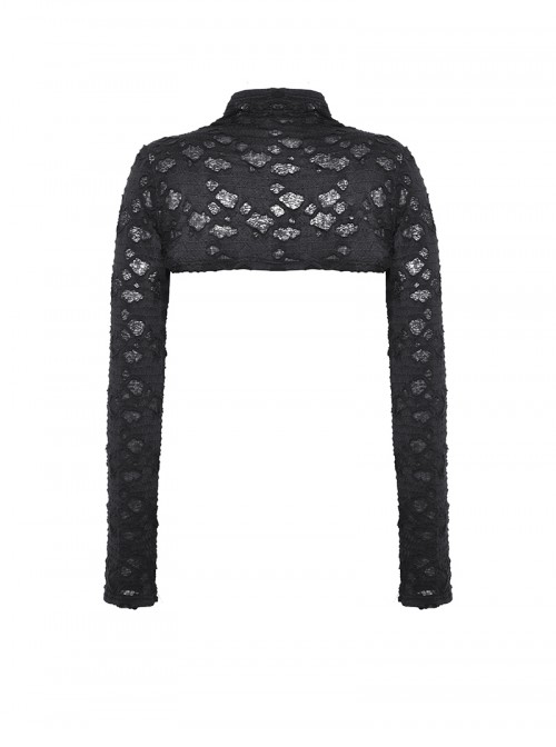 Black Decadent Irregular Holes Ribbon Decoration Punk Style Long Sleeves Top