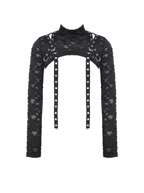 Black Decadent Irregular Holes Ribbon Decoration Punk Style Long Sleeves Top