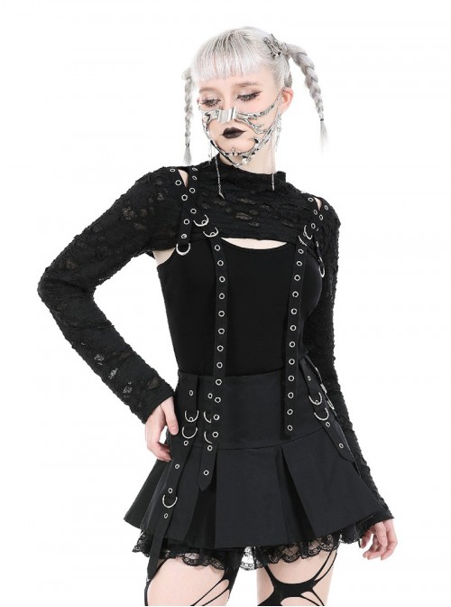 Black Decadent Irregular Holes Ribbon Decoration Punk Style Long Sleeves Top