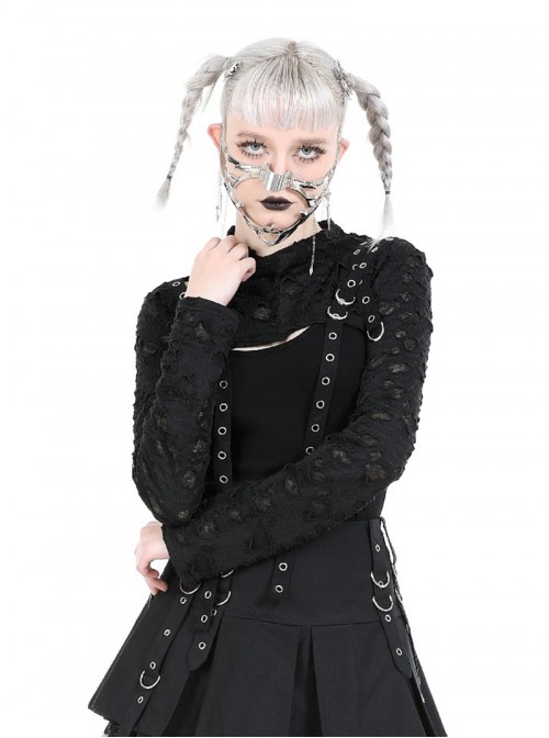 Black Decadent Irregular Holes Ribbon Decoration Punk Style Long Sleeves Top