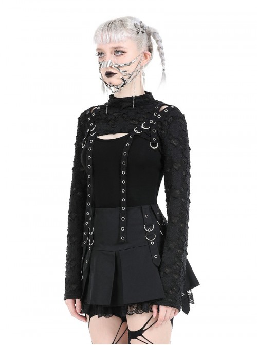 Black Decadent Irregular Holes Ribbon Decoration Punk Style Long Sleeves Top