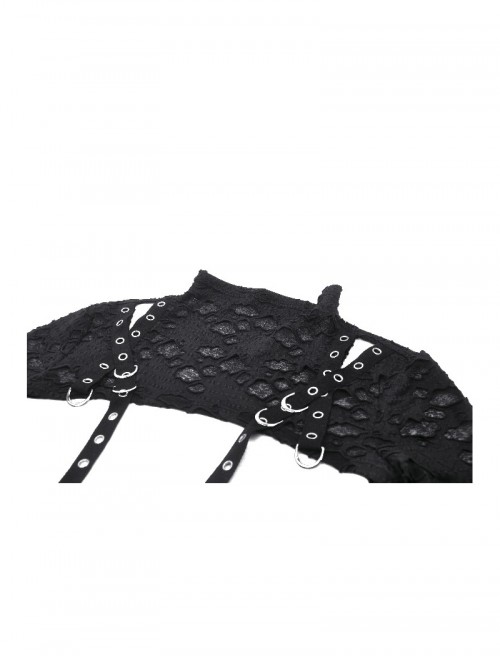 Black Decadent Irregular Holes Ribbon Decoration Punk Style Long Sleeves Top