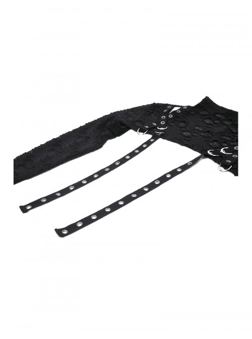 Black Decadent Irregular Holes Ribbon Decoration Punk Style Long Sleeves Top