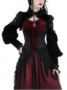 Black Retro Rose Lace Splicing Velvet Gothic Style Lantern Sleeves Top