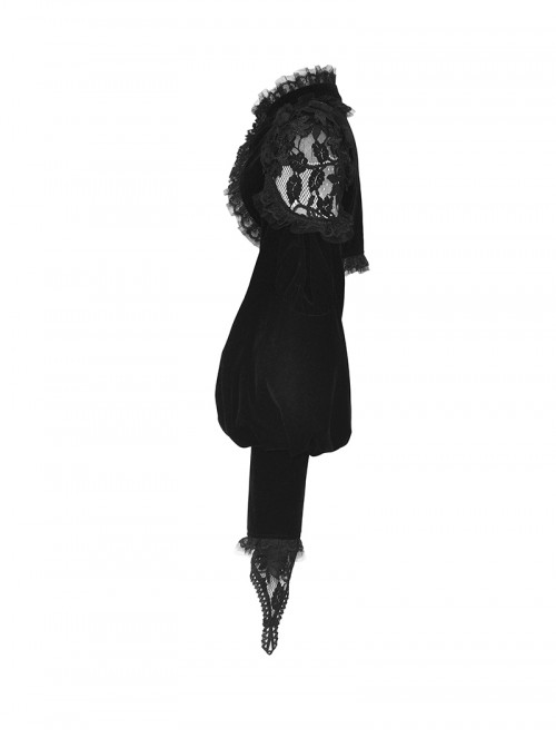 Black Retro Rose Lace Splicing Velvet Gothic Style Lantern Sleeves Top