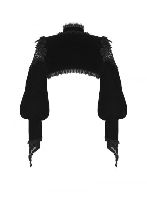 Black Retro Rose Lace Splicing Velvet Gothic Style Lantern Sleeves Top