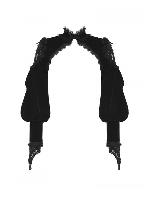 Black Retro Rose Lace Splicing Velvet Gothic Style Lantern Sleeves Top