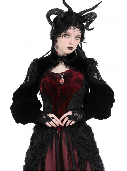Black Retro Rose Lace Splicing Velvet Gothic Style Lantern Sleeves Top