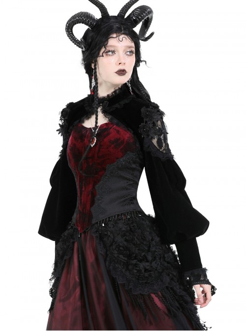 Black Retro Rose Lace Splicing Velvet Gothic Style Lantern Sleeves Top