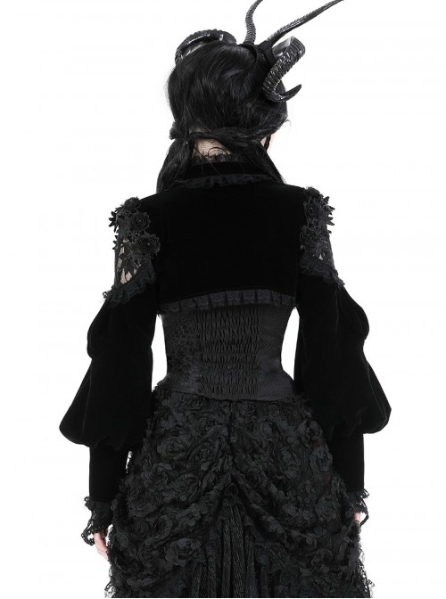 Black Retro Rose Lace Splicing Velvet Gothic Style Lantern Sleeves Top