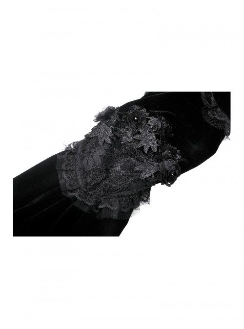 Black Retro Rose Lace Splicing Velvet Gothic Style Lantern Sleeves Top