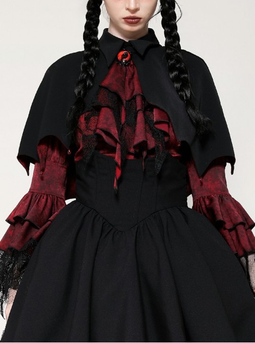Black Red Unique Lapel Bat Wing Hem Shape Gothic Style Short Cloak