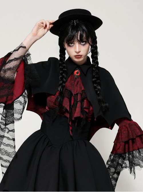 Black Red Unique Lapel Bat Wing Hem Shape Gothic Style Short Cloak