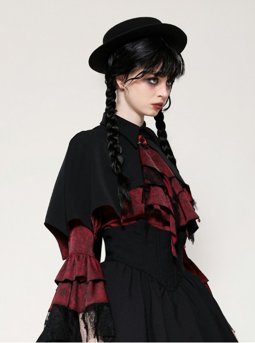 Black Red Unique Lapel Bat Wing Hem Shape Gothic Style Short Cloak