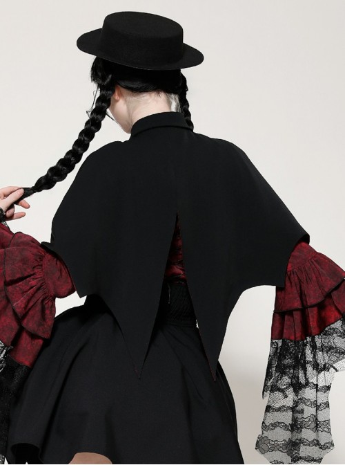 Black Red Unique Lapel Bat Wing Hem Shape Gothic Style Short Cloak