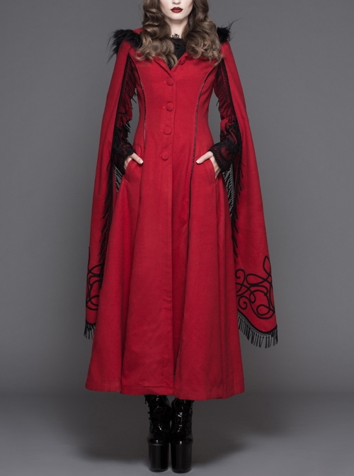 Gothic Hand-Embroidered Shawl Red Double-Sided Tweed Hooded Coat