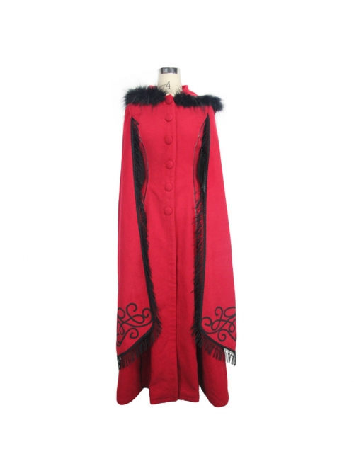 Gothic Hand-Embroidered Shawl Red Double-Sided Tweed Hooded Coat
