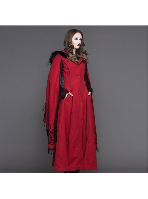 Gothic Hand-Embroidered Shawl Red Double-Sided Tweed Hooded Coat