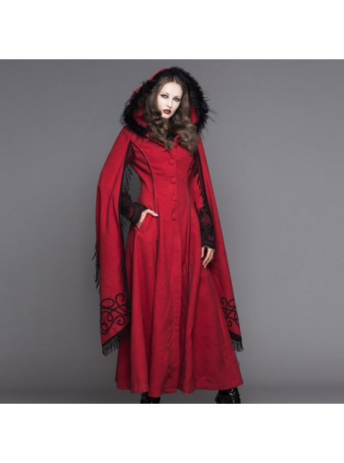 Gothic Hand-Embroidered Shawl Red Double-Sided Tweed Hooded Coat
