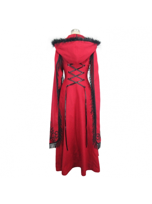 Gothic Hand-Embroidered Shawl Red Double-Sided Tweed Hooded Coat