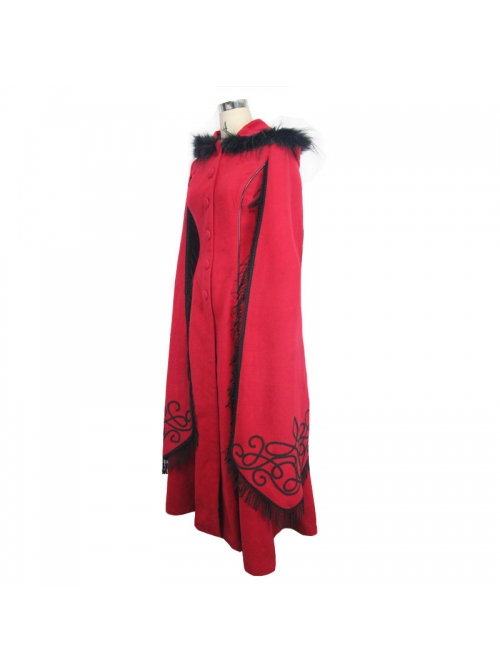 Gothic Hand-Embroidered Shawl Red Double-Sided Tweed Hooded Coat