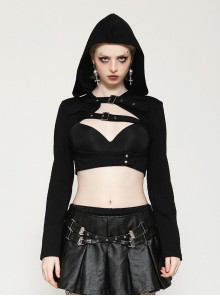 Black Personalized Hollow Metal Buckle Punk Style Hooded Long Sleeves Top