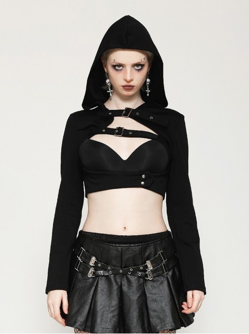 Black Personalized Hollow Metal Buckle Punk Style Hooded Long Sleeves Top