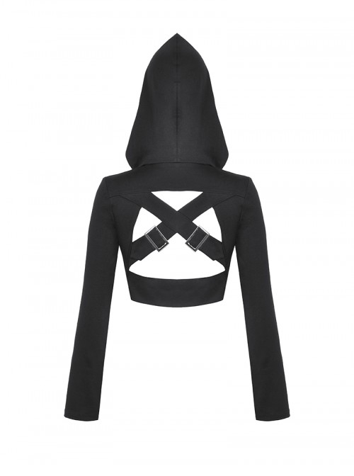Black Personalized Hollow Metal Buckle Punk Style Hooded Long Sleeves Top