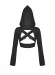 Black Personalized Hollow Metal Buckle Punk Style Hooded Long Sleeves Top