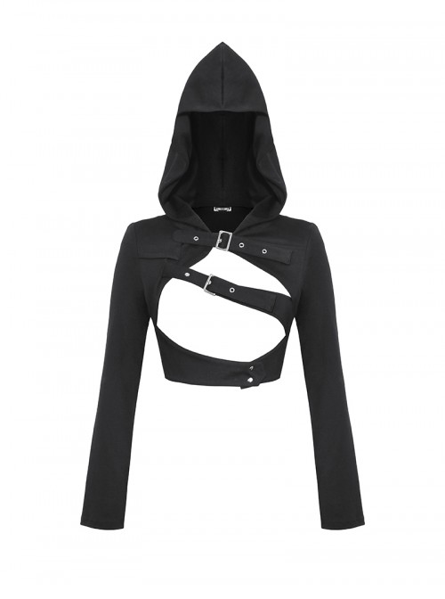 Black Personalized Hollow Metal Buckle Punk Style Hooded Long Sleeves Top