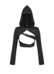Black Personalized Hollow Metal Buckle Punk Style Hooded Long Sleeves Top