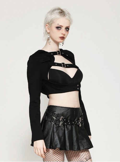 Black Personalized Hollow Metal Buckle Punk Style Hooded Long Sleeves Top
