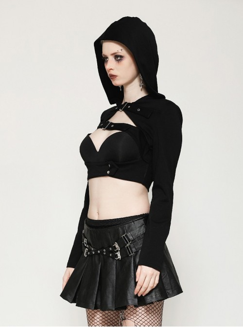 Black Personalized Hollow Metal Buckle Punk Style Hooded Long Sleeves Top