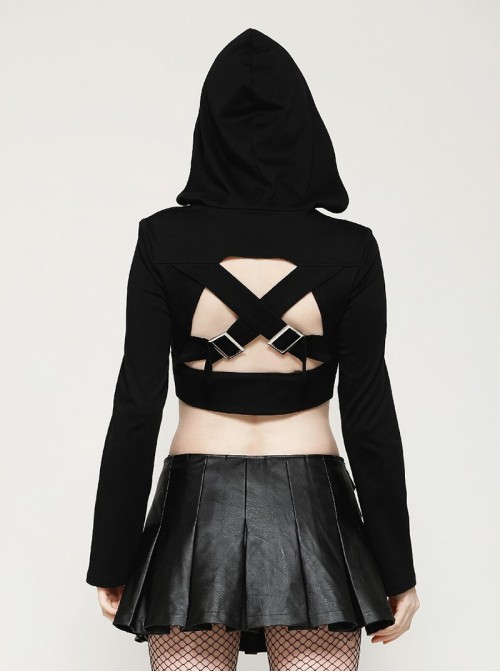 Black Personalized Hollow Metal Buckle Punk Style Hooded Long Sleeves Top