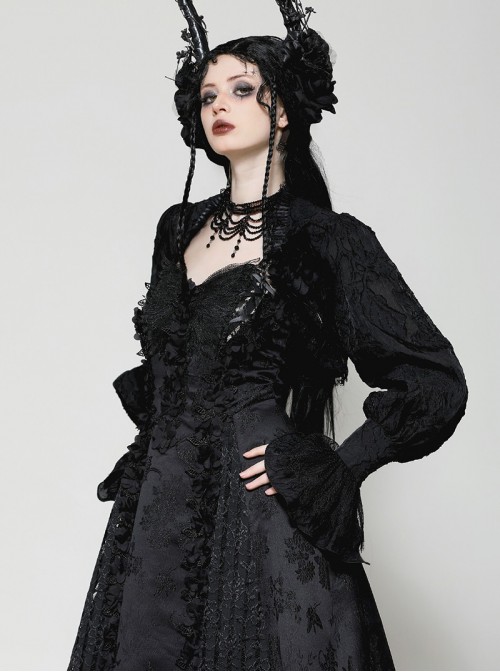 Black Retro Lace Stitching Exquisite Dark Pattern Gothic Style Puff Sleeves Shawl