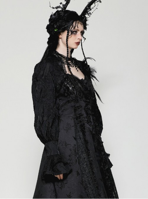 Black Retro Lace Stitching Exquisite Dark Pattern Gothic Style Puff Sleeves Shawl