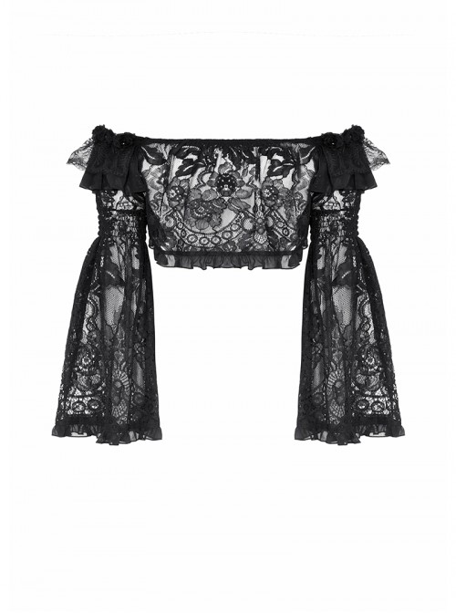 Black Romantic Rose Lace Splicing Trumpet Sleeves Gothic Style Cloak