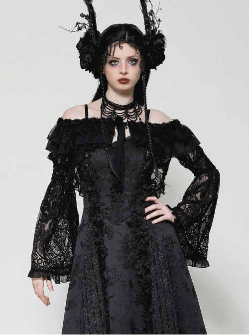 Black Romantic Rose Lace Splicing Trumpet Sleeves Gothic Style Cloak
