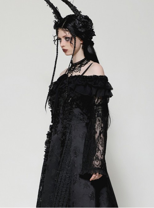 Black Romantic Rose Lace Splicing Trumpet Sleeves Gothic Style Cloak