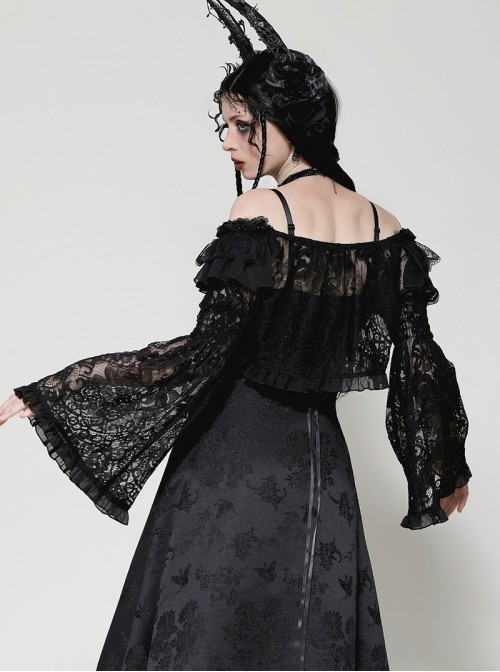 Black Romantic Rose Lace Splicing Trumpet Sleeves Gothic Style Cloak