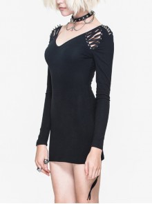 Two-Way Long Sleeve V-Neck Lace-Up Shoulder Rivet Black Tight Punk Dress