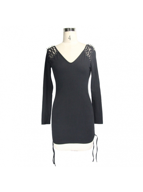 Two-Way Long Sleeve V-Neck Lace-Up Shoulder Rivet Black Tight Punk Dress