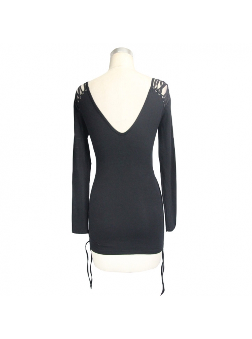 Two-Way Long Sleeve V-Neck Lace-Up Shoulder Rivet Black Tight Punk Dress