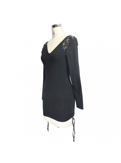 Two-Way Long Sleeve V-Neck Lace-Up Shoulder Rivet Black Tight Punk Dress