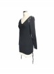 Two-Way Long Sleeve V-Neck Lace-Up Shoulder Rivet Black Tight Punk Dress