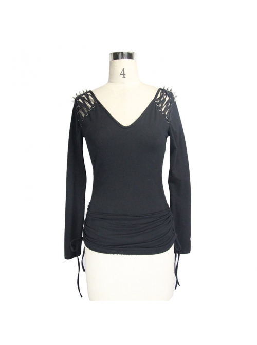 Two-Way Long Sleeve V-Neck Lace-Up Shoulder Rivet Black Tight Punk Dress