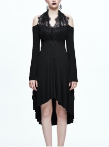 Off-Shoulder Backlace Flared Sleeve Lace Belt Rear Long Hem Black Gothic Dress