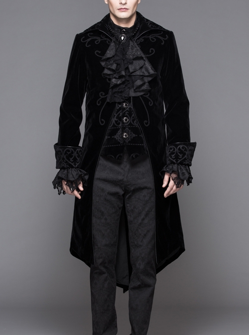 Men Glass Patterned Button Gothic Hand-Embroidered Fake Two Pieces Black Velvet Coats