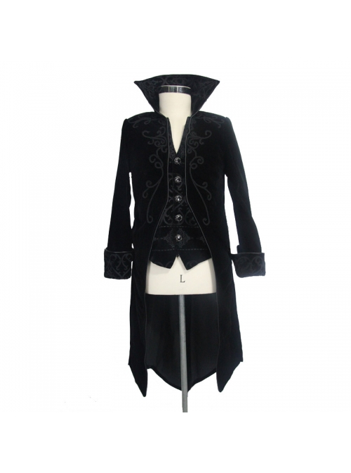 Men Glass Patterned Button Gothic Hand-Embroidered Fake Two Pieces Black Velvet Coats