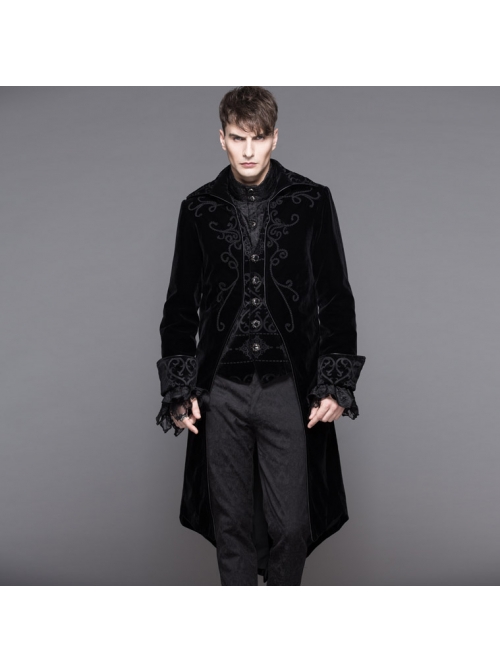 Men Glass Patterned Button Gothic Hand-Embroidered Fake Two Pieces Black Velvet Coats